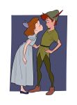  1boy 1girl blue_dress bow brown_hair dress green_dress green_shoes green_tunic hair_bow hat hat_feather highres peter_pan_(character) pointy_ears pointy_hat shoes short_hair short_sleeves tunic uochandayo walt_disney&#039;s_peter_pan wendy_darling 
