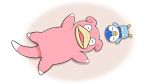  arms_up closed_eyes closed_mouth commentary_request creature full_body gen_1_pokemon gen_4_pokemon lying no_humans official_art on_back piplup pokemon pokemon_(creature) prj_pochama sleeping slowpoke toes 