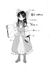  1girl absurdres arrow_(symbol) ascot blush boots bow commentary_request detached_sleeves embellished_costume frilled_bow frilled_hair_tubes frills greyscale hair_bow hair_tubes hakurei_reimu highres long_hair monochrome pointing_out_the_details ribbon-trimmed_sleeves ribbon_trim shi_chimi solo touhou translation_request 