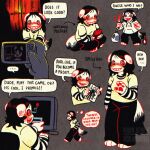2025 4_fingers ambiguous_gender anthro anthrofied artist_name biped black_bottomwear black_clothing black_hair black_pants bleach_(object) blush blush_lines bottomwear camera canid canine canis character_name clothed clothed_anthro clothed_female clothing computer_monitor cosplay creepypasta dialogue digital_drawing_(artwork) digital_media_(artwork) directional_arrow domestic_dog duo electronics ellipsis english_description english_text exclamation_point female fingers food full-length_portrait fully_clothed fully_clothed_anthro fully_clothed_female fur game_console gesture grey_background grin hair hand_gesture hi_res holding_knife holding_object hoodie jeff_the_killer ketchup knife laugh long_sleeve_shirt looking_aside looking_at_object looking_back mammal mostly_offscreen_character multiple_poses nintendo nintendo_3ds nintendo_3ds_console nintendo_ds_family open_mouth pants pattern_clothing pattern_shirt pattern_topwear pawpads pointing portrait pose question_mark red_eyes salamanding scary_maze_game shirt simple_background sitting slender_man smile smile.dog solo speech_bubble standing striped_clothing striped_shirt striped_topwear stripes t-shirt tail tan_clothing tan_shirt tan_t-shirt tan_topwear text thought_bubble topwear walking watermark white_body white_clothing white_fur white_hoodie white_topwear