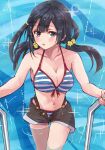  1girl bangs bikini black_hair blush breasts cleavage collarbone commentary eyebrows_visible_through_hair grey_eyes highres large_breasts long_hair looking_at_viewer love_live! love_live!_nijigasaki_high_school_idol_club low_twintails one_side_up pool ryxxxxx shiny shiny_hair sidelocks solo striped striped_bikini swimsuit twintails water yuuki_setsuna_(love_live!) 