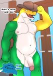 absurd_res alligator alligatorid anthro asymmetrical_coloring balls belly bestiademimbre candy circumcised clothing cowboy_hat crocodilian dessert door flaccid food food_creature genitals glitch_productions green_body gummigoo_(tadc) gummy_(food) gummy_creature hat hat_only headgear headgear_only headwear headwear_only hi_res humanoid_genitalia humanoid_penis inside living_candy looking_at_viewer male mostly_nude multicolored_body muscular navel nipples overweight pecs penis pink_nipples reptile scalie slightly_chubby solo speech_bubble text the_amazing_digital_circus white_balls white_body white_penis yellow_body