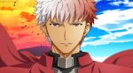  1boy akujiki59 archer_(fate) cloud cloudy_sky dark-skinned_male dark_skin emiya_shirou expressionless face fate/stay_night fate_(series) looking_at_viewer male_focus official_style short_hair sky solo spiked_hair split_theme spoilers sunset transformation white_hair wind 
