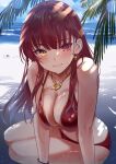  1girl absurdres arrow_through_heart bangs beach bikini breasts cleavage earrings heart heart_earrings heart_necklace heterochromia highres hololive houshou_marine jewelry large_breasts leaning long_hair navel ocean red_bikini red_eyes red_hair sand shade sitting smile solo straight_hair strap_gap swimsuit teeth virtual_youtuber water wet yellow_eyes yokozuwari yomosaka 