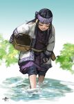  1girl ainu_clothes asirpa basket black_hair blue_pants blue_sky closed_eyes day earrings golden_kamuy holding holding_basket jewelry leaning_forward long_hair mitsuya outdoors pants purple_headband sky solo wading 