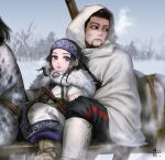  1boy 1girl ainu_clothes asirpa beard black_hair black_pants blue_eyes cape closed_mouth earrings facial_hair golden_kamuy hand_on_another&#039;s_knee hood hood_up jewelry long_hair looking_at_viewer looking_back mitsuya ogata_hyakunosuke outdoors pants purple_headband riding scar scar_on_cheek scar_on_face short_hair very_short_hair white_hood winter 