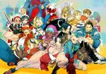  6+boys 6+girls :d absurdres akuma_(street_fighter) aqua_hair aqua_hat aqua_leotard baseball_cap beard_stubble belt black_belt black_dress black_gloves black_hair blonde_hair blue_eyes boxing_gloves braid breasts brown_gloves brown_hair cammy_white capcom capcom_fighting_jam catherine_rain_bilstein cody_travers crossover dark-skinned_female dark_skin darkstalkers demitri_maximoff denim dress edward_fokker english_commentary expressionless facial_hair fatal_fury final_fight fingerless_gloves frown genderswap genderswap_(mtf) glasses gloves goggles goggles_on_head grin guy_(final_fight) hat headband highres ichimonji_batsu jacket jeans juliet_sleeves justice_gakuen kagami_kyousuke killer_bee_cammy kusanagi_kyou large_breasts leotard long_hair long_sleeves luca_(star_gladiator) maid maid_headdress medium_breasts midnight_bliss mini_hat moero!_justice_gakuen moon_print multiple_boys multiple_girls official_art orange_eyes orange_hair pants pink_hat pointy_ears power_stone puffy_sleeves red_hair red_hat red_jacket second-party_source shin_akuma shiranui_mai short_hair sitting sleeveless sleeveless_jacket small_breasts smile snk spiked_hair star_gladiator street_fighter street_fighter_zero_(series) stubble tamio terry_bogard the_king_of_fighters tiffany_lords twin_braids white_headband yagami_iori yellow_eyes 