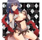  1girl argyle argyle_background armor assassin_cross_(ragnarok_online) bangs black_cape black_gloves black_legwear black_leotard blue_hair blush border breasts cape closed_mouth clothes_pull colorized commentary_request cowboy_shot dutch_angle elbow_gloves eremes_guile eyebrows_visible_through_hair fingerless_gloves genderswap genderswap_(mtf) gloves hair_between_eyes kneehighs kuzuki_(ray) leotard leotard_pull long_hair looking_at_viewer medium_breasts navel nipples open_clothes open_shirt outside_border pauldrons ragnarok_online red_eyes red_scarf revealing_clothes scarf shoulder_armor smile solo sptbird torn_cape torn_clothes torn_scarf translation_request vambraces waist_cape white_border 