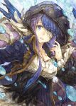  1girl bandages blue_hair breasts bubble buckle cleavage covered_eyes dress eyepatch fins hair_ornament hood hood_up jacket long_hair long_sleeves looking_at_viewer multicolored_hair ningyo_hime_(sinoalice) open_mouth purple_hair sad sidelocks sino_nb3 sinoalice solo twintails two-tone_hair wide_sleeves 