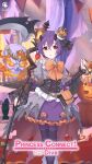  1girl bucket burning candy cowboy_shot crown dress english_commentary english_text flaming_eye floating_skull food frilled_dress frills highres holding holding_bucket holding_sickle holding_weapon jack-o&#039;-lantern lantern mini_crown mole mole_under_eye official_art open_mouth princess_connect! purple_hair red_eyes ribbon second-party_source shinobu_(halloween)_(princess_connect!) shinobu_(princess_connect!) sickle weapon 