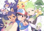  1girl 2boys ^_^ ash_ketchum axew baseball_cap black_gloves black_hair black_vest blue_jacket bow bowtie chibi cilan_(pokemon) clenched_hand closed_eyes closed_mouth creature creature_on_head creature_on_shoulder crossed_arms dark-skinned_female dark_skin dot_nose dress_shirt eyelashes fingerless_gloves fingernails fist_bump forehead gloves green_bow green_bowtie green_eyes green_hair grin hair_ornament happy hat highres holding holding_creature iris_(pokemon) jacket light_blush long_hair looking_at_creature multicolored_jacket multiple_boys multiple_views on_shoulder open_mouth orange_eyes outline pansage pikachu poke_ball_print pokemon pokemon_(anime) pokemon_(creature) pokemon_bw_(anime) red_eyes red_hat serizawa_serizane shirt short_hair short_sleeves smile tareme traditional_bowtie two-tone_headwear two-tone_jacket two_side_up upper_body v v-neck very_long_hair vest white_background white_hat white_jacket white_outline white_shirt yellow_shirt zipper zipper_pull_tab 