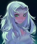  1girl blazemalefica breasts dark_souls_(series) dark_souls_i dragon_girl dress fur green_eyes greyscale horns large_breasts long_hair looking_at_viewer monochrome monster_girl priscilla_the_crossbreed slit_pupils smile solo tail white_hair 
