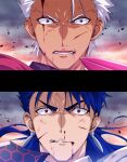  2boys akujiki59 archer_(fate) blood blood_from_mouth blood_on_face blue_hair bruise cu_chulainn_(fate) cu_chulainn_(fate/stay_night) cuts dark-skinned_male dark_skin face fate/stay_night fate_(series) injury male_focus messy_hair multiple_boys nosebleed official_style pointing_weapon ponytail red_eyes serious short_hair spiked_hair white_hair wide-eyed 