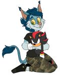 2021 alpha_channel anthro arms_bent beastofeuthanasia black_clothing black_footwear black_shirt black_shoes black_t-shirt black_topwear blue_body blue_eyebrows blue_fur blue_hair blue_tail blue_tail_tuft bottomwear camo camo_bottomwear camo_clothing camo_pants camo_print cheek_tuft closed_smile clothed clothed_anthro clothed_male clothing digital_drawing_(artwork) digital_media_(artwork) ear_tuft english_description eyebrows facial_tuft fangs felid feline flat_colors footwear fully_clothed fully_clothed_anthro fully_clothed_male fur green_bottomwear green_clothing green_eyes green_pants hair hi_res holding_object holding_plushie male male_anthro mammal mouth_closed multicolored_body multicolored_fur pants pattern_bottomwear pattern_clothing pattern_pants plushie pockets sega shadow_the_hedgehog shirt short_hair simple_background sitting smile socks solo sonic_the_hedgehog_(series) t-shirt tail tail_tuft tan_inner_ear tan_nose teeth topwear transparent_background tuft whisker_spots yellow_clothing yellow_footwear yellow_sclera yellow_socks