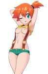  1girl armpits arms_behind_head bangs bare_arms blush breasts buttons closed_mouth clothes_lift commentary eyebrows_visible_through_hair eyelashes green_eyes green_shorts hair_between_eyes hair_tie highres looking_at_viewer micro_shorts misty_(pokemon) navel nipples one_side_up orange_hair pokemon pokemon_(anime) pokemon_(classic_anime) shirt shirt_lift short_hair shorts simple_background sleeveless sleeveless_shirt smile solo suspenders tied_hair tongue tongue_out wasabi-joyu white_background yellow_shirt 