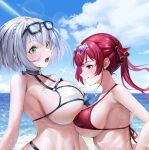  2girls asymmetrical_docking beach bikini breast_contest breast_press breasts commentary_request eyewear_on_head from_side halter_top halterneck highres hololive houshou_marine huge_breasts leaning_forward mole mole_on_breast multiple_girls natsugou_shinogi ocean red_bikini red_eyes shirogane_noel sideboob silver_hair size_difference string_bikini summer sunglasses swimsuit upper_body virtual_youtuber white_bikini 