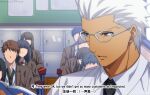  4girls 5boys akujiki59 archer_(fate) classroom crowd dark-skinned_male dark_skin english_text face fate/stay_night fate_(series) glasses male_focus multiple_boys multiple_girls official_style reading short_hair spiked_hair teacher translation_request upper_body white_hair 