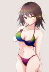  1girl absurdres bikini breasts brown_hair cleavage commentary_request cowboy_shot furutaka_(kancolle) glowing glowing_eye gradient_bikini grey_background heterochromia highres honma_(honmatomohiro) kantai_collection looking_at_viewer medium_breasts multicolored multicolored_bikini multicolored_clothes one-hour_drawing_challenge short_hair simple_background smile solo standing swimsuit 