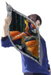 armor belt brown_hair highres kamen_rider kamen_rider_gaim kamen_rider_gaim_(series) kazuraba_kouta long_sleeves male_focus maruta_(rintonosousaku) orange_eyes shirt tokusatsu unzipped weapon zipper zipper_pull_tab 