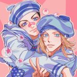  2boys bandaid bandaid_on_face bandaid_on_nose black_hair blonde_hair blue_eyes commentary_request dixie_cup_hat grey_hat grey_sailor_collar hat heart_ornament higashikata_josuke_(jojolion) highres hug johnny_joestar jojo_no_kimyou_na_bouken jojolion long_sleeves male_focus military_hat multiple_boys rrrrmiuh sailor sailor_collar sailor_hat smile soap_bubbles star_(symbol) star_print time_paradox v 