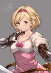  1girl arm_armor armor blonde_hair blush breasts brown_eyes closed_mouth collarbone djeeta_(granblue_fantasy) dress face gauntlets granblue_fantasy grey_background hairband holding holding_weapon kiikii_(kitsukedokoro) looking_at_viewer portrait short_hair simple_background small_breasts smile solo sword upper_body weapon 