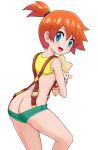  1girl :d ass bangs bare_arms blush breasts butt_crack clothes_lift clothes_pull commentary eyelashes gen_2_pokemon green_eyes hair_between_eyes hair_tie highres holding holding_pokemon looking_at_viewer looking_back misty_(pokemon) one_side_up open_mouth orange_hair pokemon pokemon_(anime) pokemon_(classic_anime) pokemon_(creature) shirt shirt_lift short_hair shorts shorts_pull simple_background sleeveless sleeveless_shirt smile suspender_shorts suspenders tied_hair togepi tongue wasabi-joyu white_background yellow_shirt 