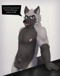 absurd_res animal_genitalia anthro ash_(remember_the_flowers) balls black_body black_fur canid canine canine_genitalia dialogue english_text fox fur genitals grey_body grey_fur hi_res leaning_on_object looking_at_viewer male mammal mkaiast nipples nude remember_the_flowers sheath simple_background solo speech_bubble text