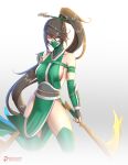  1girl akali akali_(legacy) armor artist_name bangs black_hair boots bracer breasts brown_eyes cleru_(cleruuuuu) eyebrows_visible_through_hair fingerless_gloves gloves hair_between_eyes hair_ornament hair_stick high_ponytail highres holding holding_scythe holding_weapon kama_(weapon) league_of_legends long_hair mask medium_breasts ninja ninja_mask pelvic_curtain rope_belt scythe shoulder_armor sickle sideboob single_bare_shoulder solo thigh_boots thighhighs v-shaped_eyebrows vambraces very_long_hair weapon 