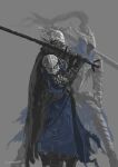  2boys absurdres armor artorias_the_abysswalker black_cape black_gloves blue_surcoat breastplate cape commentary dark_souls_(series) dark_souls_i elden_ring elden_ring_nightreign english_commentary gloves grey_background helm helmet highres holding holding_sword holding_weapon knight multiple_boys over_shoulder pauldrons plate_armor plume shoulder_armor signature simple_background surcoat sword tripdancer two-handed_sword weapon weapon_over_shoulder wylder_(elden_ring) 
