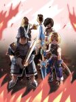  1girl 3boys adelbert_steiner armor armored_boots bare_shoulders black_choker black_mage_(final_fantasy) blonde_hair blue_pants blue_wrist_cuffs bodysuit boots breasts brown_hair choker cropped_vest fighting_stance final_fantasy final_fantasy_ix fire full_body garnet_til_alexandros_xvii gloves grey_gloves hat helmet highres holding holding_staff holding_sword holding_weapon jewelry medium_breasts monkey_tail multiple_boys orange_bodysuit pants parted_lips pendant plate_armor ry_mangdung shirt short_hair staff sword tail vest vivi_ornitier weapon white_shirt wizard_hat wrist_cuffs zidane_tribal 