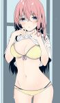  1girl bangs bikini blush breasts cleavage closed_mouth clothes_lift hands_up highres long_hair looking_at_viewer medium_breasts midriff navel original pink_hair purple_eyes shirt shirt_lift short_sleeves solo standing swimsuit t-shirt white_shirt yellow_bikini yu_yu 