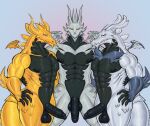 anthro balls big_penis claws digital_media_(artwork) dragon erection genitals gold_dragon_(dragon_city) group horn humanoid_genitalia humanoid_penis jagged_mouth male male/male metal_dragon_(dragon_city) muscular muscular_anthro muscular_male mythological_creature mythological_scalie mythology nipples nude nude_anthro nude_male pecs penis platinum_dragon_(dragon_city) reptile scalie simple_background susuoro tail teeth trio vein veiny_penis wings