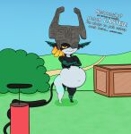 2022 absurd_res air_inflation air_pump belly belly_expansion big_belly black_body black_ears black_skin blue_body blue_markings blue_skin box breast_squish breasts butt cel_shading colored container crossed_arms dialogue digital_media_(artwork) english_text expansion female fused_shadow grey_helmet hair hi_res hose hose_in_butt hose_inflation humanoid humanoid_pointy_ears imp inflation justafallenwaffle looking_at_viewer markings midna motion_lines multicolored_body navel nintendo not_furry orange_hair outside plant pointy_ears red_eyes shaded shrub signature solo squish swelling talking_to_viewer text the_legend_of_zelda thick_thighs twili twilight_princess two_tone_body unimpressed yellow_sclera
