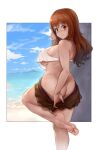  1girl absurdres alice_gear_aegis aomoro ass bangs bare_legs barefoot beach blush breasts brown_eyes brown_hair brown_skirt closed_mouth clothes_pull commentary_request covered_nipples crop_top crop_top_overhang dated eyebrows_visible_through_hair feet foot_out_of_frame hand_up highres large_breasts long_hair looking_at_viewer no_panties oozeki_koyui outside_border pulled_by_self see-through signature skirt skirt_pull smile soles solo standing standing_on_one_leg toes underboob wet 