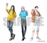  3boys :d animal_print arm_up beer_can bird_print black_eyes black_hair black_pants black_sandals black_shoes blue_eyeshadow blue_hair blue_pants blue_shirt blue_shoes border0715 butterfly_print can clothes_writing collared_shirt commentary_request company_name copyright_notice denim drink_can eyelashes eyeshadow eyewear_on_head fingernails floral_print gradient-tinted_eyewear gradient_hair green-tinted_eyewear green_hair green_lips green_nails hanabatake_chaika hand_in_pocket hawaiian_shirt holding holding_can holding_removed_eyewear jeans lipstick long_hair looking_at_viewer makeup male_focus medium_hair milan_kestrel mole mole_under_eye mole_under_mouth multicolored_eyeshadow multicolored_hair multicolored_shoes multiple_boys nail_polish nijisanji official_art open_clothes open_mouth open_shirt orion_beer outstretched_arm pants pants_rolled_up parted_bangs pointy_ears print_shirt purple-tinted_eyewear red_shirt round_eyewear sample_watermark sandals shirt shoes short_hair short_sleeves sidelocks simple_background smile sneakers sunglasses teeth tinted_eyewear toenail_polish toenails toes torn_clothes torn_jeans torn_pants two-tone_shoes unworn_eyewear upper_teeth_only very_short_hair virtual_youtuber watermark white_background white_pants white_shirt white_shoes yashiro_kizuku yellow-tinted_eyewear yellow_eyes yellow_shirt 