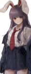  1girl :3 animal_ears b_nosk101 bangs blunt_bangs blurry blush breasts closed_mouth collared_shirt commentary cowboy_shot depth_of_field eyebrows_behind_hair highres large_breasts light_smile long_hair looking_at_viewer necktie pleated_skirt purple_hair purple_skirt rabbit_ears red_eyes red_neckwear reisen_udongein_inaba shirt simple_background skirt solo suit_jacket touhou very_long_hair white_background white_shirt 