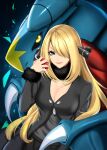  1girl bangs black_jacket black_shirt blonde_hair breasts cleavage closed_mouth cynthia_(pokemon) fur_collar fur_trim garchomp gen_4_pokemon grey_eyes hair_ornament hair_over_one_eye hand_up highres holding holding_poke_ball jacket large_breasts lips long_hair looking_at_viewer poke_ball poke_ball_(basic) pokemon pokemon_(creature) pokemon_(game) pokemon_dppt scaretsoul shirt upper_body v-shaped_eyebrows 