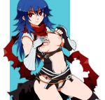  1girl armor assassin_cross_(ragnarok_online) bangs black_cape black_gloves black_legwear black_leotard blue_background blue_hair blush breasts cape closed_mouth clothes_pull colorized commentary_request cowboy_shot dutch_angle elbow_gloves eremes_guile eyebrows_visible_through_hair fingerless_gloves genderswap genderswap_(mtf) gloves hair_between_eyes highres kano_(coyotehunt) kneehighs leotard leotard_pull long_hair looking_at_viewer medium_breasts navel nipples pauldrons ragnarok_online red_eyes red_scarf revealing_clothes scarf shoulder_armor smile solo sptbird torn_cape torn_clothes torn_scarf two-tone_background vambraces waist_cape white_background 