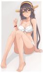  1girl bare_arms bare_legs bare_shoulders barefoot bikini black_hair blush breasts cleavage collarbone eyebrows_visible_through_hair feet gensoukitan hair_between_eyes hair_ornament hairband hairclip haruna_(kancolle) headgear highres kantai_collection large_breasts legs long_hair looking_at_viewer open_mouth solo swimsuit toes white_bikini yellow_eyes 