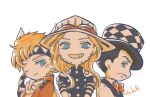  3boys akatsuki19 battle_tendency beard black_hair blonde_hair blue_eyes bow bowtie caesar_anthonio_zeppeli chibi commentary_request facial_hair facial_mark feather_hair_ornament feathers goggles goggles_on_headwear gold_teeth grandfather_and_grandson grey_hat grin gyro_zeppeli hair_ornament hat headband jacket jojo_no_kimyou_na_bouken long_hair looking_at_viewer multiple_boys mustache one_eye_closed orange_jacket phantom_blood scarf smile steel_ball_run time_paradox top_hat triangle_print white_background will_anthonio_zeppeli yellow_theme 