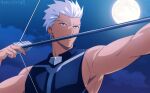  1boy akujiki59 archer_(fate) armpits bare_shoulders bow_(weapon) dark-skinned_male dark_skin drawing_bow fate/stay_night fate_(series) full_moon holding holding_bow_(weapon) holding_weapon male_focus moon muscular muscular_male official_style pectorals short_hair sidepec solo spiked_hair upper_body weapon white_hair 