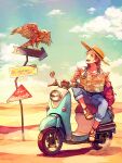  1girl akagi_shun bird blush boater_hat bracelet braid brown_eyes brown_hair cloud collarbone commentary desert english_text full_body ground_vehicle hat hawk holding holding_map jewelry map motor_vehicle motorized_scooter open_mouth original outdoors overalls pants pants_rolled_up sand sandals shirt sign sitting sky smile solo straw_hat teeth tongue white_shirt 