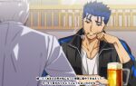  2boys akujiki59 alcohol alternate_costume archer_(fate) beer blue_hair cigarette contemporary cu_chulainn_(fate) cu_chulainn_(fate/stay_night) dark-skinned_male dark_skin elbow_rest fate/stay_night fate_(series) jacket male_focus multiple_boys official_style red_eyes shirt short_hair smirk smoking spiked_hair track_jacket translation_request upper_body white_hair white_shirt 