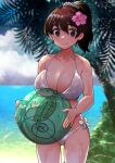  1girl ball bangs beachball bikini blue_sky blurry breasts brown_eyes brown_hair cleavage cloud commentary_request cowboy_shot day depth_of_field flower girls_und_panzer hair_flower hair_ornament highres holding holding_ball koyama_yuzu large_breasts medium_hair nakasone_haiji outdoors palm_tree short_ponytail side-tie_bikini sky solo standing swimsuit tree white_bikini 