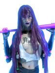  1girl 3d asian baseball_bat breasts bright_background chest_tattoo cyberpunk cyberpunk_(series) cyberpunk_2077 highres holding holding_baseball_bat long_hair looking_at_viewer medium_breasts midriff navel purple_hair purple_lips rita_wheeler simple_background solo tank_top tattoo torn_clothes torn_tank_top white_background white_tank_top word2_doc 