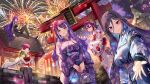  6+girls bangs black_hair black_legwear blonde_hair blue_eyes breasts dress earrings eyebrows_visible_through_hair fireworks flower hair_flower hair_ornament happy houchi_shoujo japanese_clothes jewelry kimono lantern lips long_hair looking_at_viewer multiple_girls night on_roof outstretched_arm purple_eyes purple_hair rabbit_tail red_eyes red_hair sash side_slit smile standing summer summer_festival tail thighhighs torii yellow_eyes yoshimoto_(dear_life) 