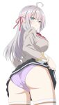  1girl absurdres alisa_mikhailovna_kujou angry ass black_skirt blazer breasts closed_mouth clothes_lift commentary from_behind grey_hair grey_jacket highres jacket large_breasts lifting_own_clothes long_hair looking_at_viewer panties purple_panties school_uniform seiren_academy_school_uniform senor_h simple_background skirt skirt_lift solo tank_top thighs tokidoki_bosotto_roshia-go_de_dereru_tonari_no_alya-san underwear variant_set white_background white_tank_top 