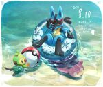  afloat ball beachball border commentary_request eyewear_on_head floral_print furry gen_1_pokemon gen_3_pokemon gen_4_pokemon gen_8_pokemon grookey highres innertube looking_to_the_side lucario luvdisc number poke_ball_print pokemon pokemon_(creature) red-framed_eyewear ripples slowpoke sora_(sora610) spikes sunglasses swimming toes translation_request water white_border yellow_fur 