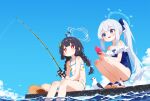  2girls ahoge bare_legs bikini bird black_hair blue_archive blue_bow blue_one-piece_swimsuit blue_ribbon blue_sky blush bow braid bright_pupils casual_one-piece_swimsuit cellphone cloud collarbone commentary_request fishing fishing_rod frilled_one-piece_swimsuit frills grey_hair hair_bow halo hat holding holding_fishing_rod holding_unworn_clothes leaf leaf_on_head leaf_print light_smile long_hair miyako_(blue_archive) miyako_(swimsuit)_(blue_archive) miyu_(blue_archive) miyu_(swimsuit)_(blue_archive) multiple_girls mutsuse official_alternate_costume one-piece_swimsuit outdoors phone ponytail ribbon ribbon-trimmed_swimsuit ribbon_trim sandals seagull sidelocks sitting sky soaking_feet squatting straw_hat swimsuit twin_braids very_long_hair white_bikini white_bow white_pupils 