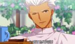  1boy akujiki59 archer_(fate) cup dark-skinned_male dark_skin fate/stay_night fate_(series) male_focus mug official_style one_eye_closed short_hair smile solo spiked_hair subtitled translation_request upper_body white_hair 
